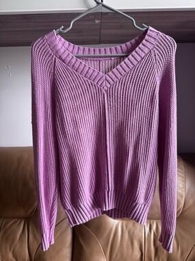 LOFT Lavender-Pink V-Neck Ribbed Knit Sweater